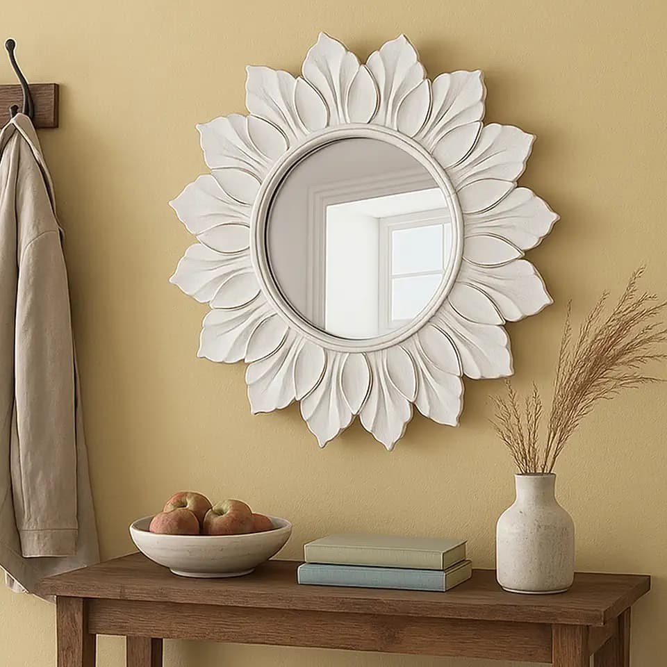Sunflower Sunburst Wall Mirror, 22" Distressed White Wooden Frame