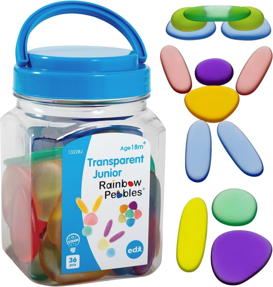 edxeducation Junior Rainbow Pebbles, Transparent, Mini Jar, Ages 18M+