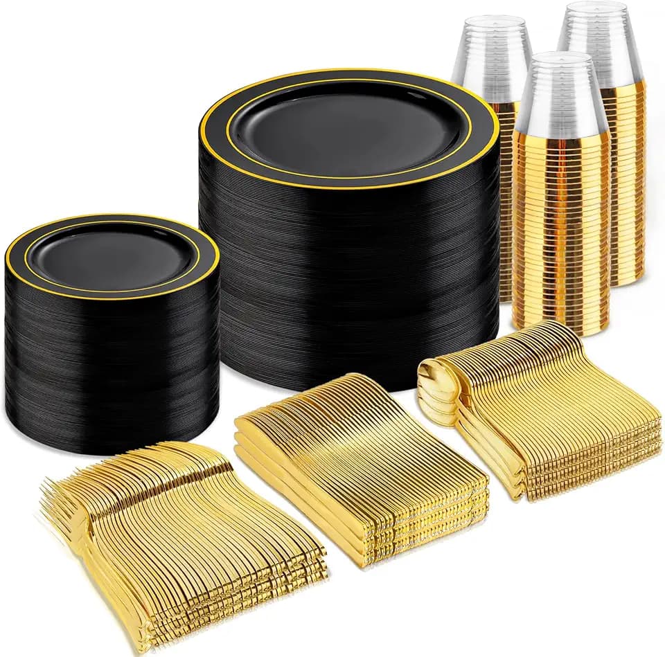 bUCLA 600PCS Black and Gold Disposable Dinnerware Set - Black Plastic Plates Disposable for Party Include 100 Dinner&100 Dessert Plates,100 Knives,100 Forks,100 Spoons,100 Cups for Party & Graduation