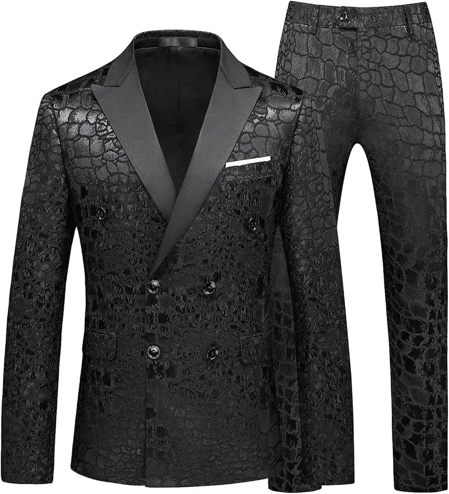 MOGU Mens 2 Piece Double Breasted Suit Jacquard Slim Fit Formal Groomsmen Wedding Party Black Tuxedo