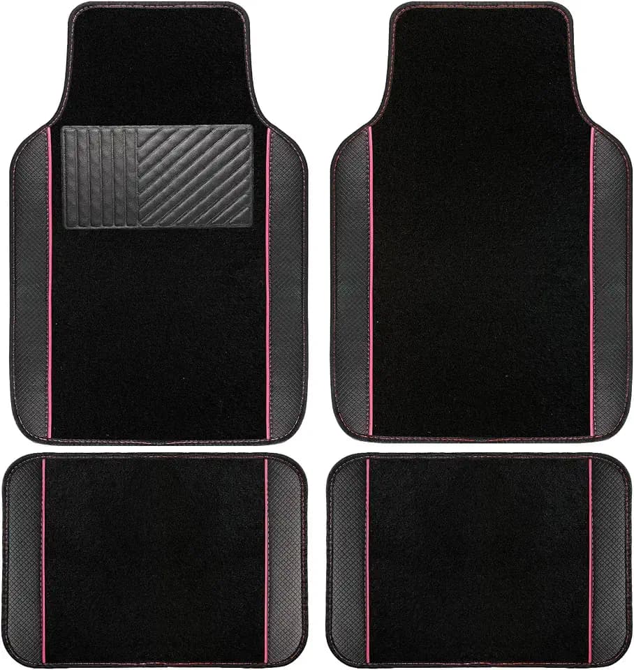 NBTEPEM Waterproof Universal Fit Car Floor Mats, Faux Leather Sporty Car Carpet Mats with Anti-Slip Nibbs Backing & Driver Heel Pad Fit for SUV, Vans, Sedans, Trucks, Set of 4 (Black with Pink line)