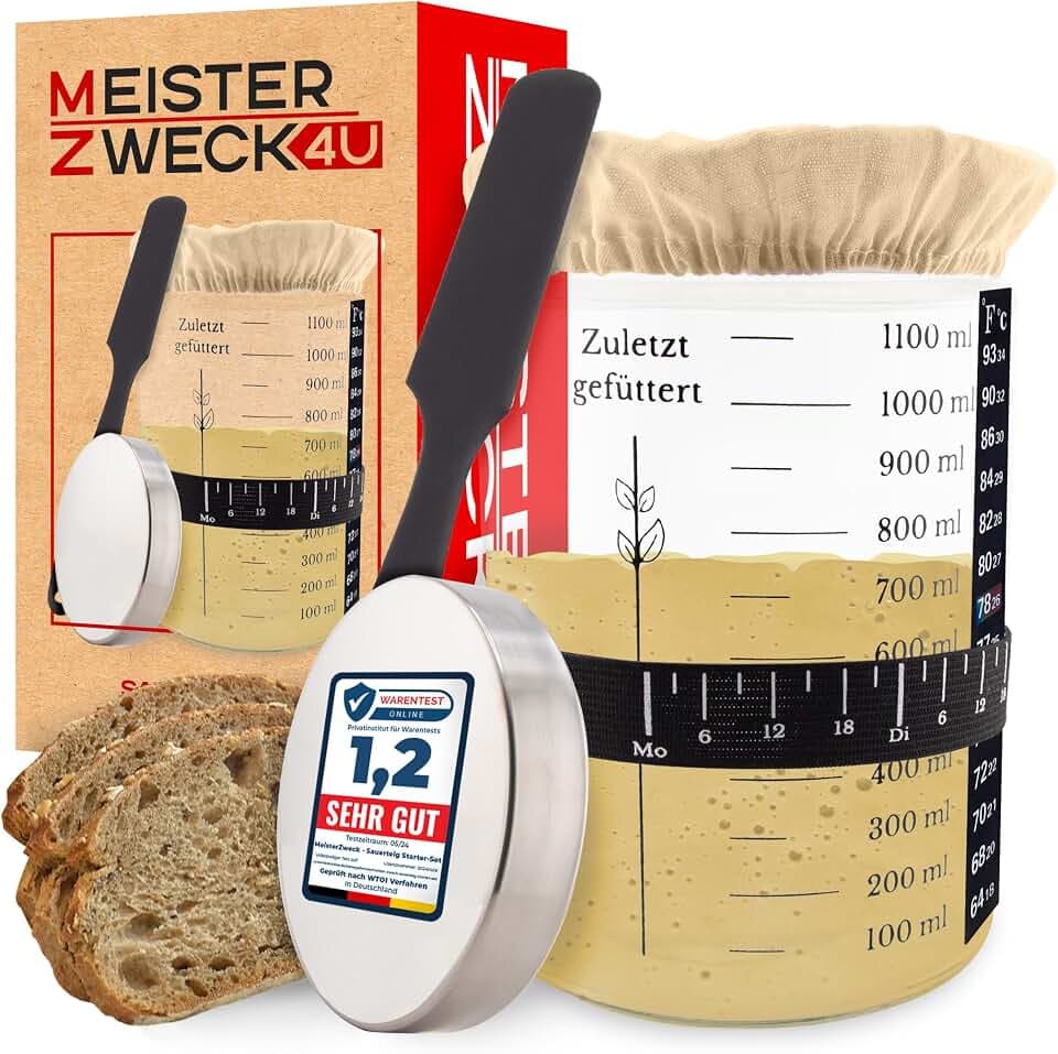 Sauerteig Starter Set zum Brot backen - 1100ml Gärglas mit Thermometer, Fütterungsband, Schaber, Stoffabdeckung & Aluminium-Deckel - Sauerteig Glas Behälter - Zubehör für Brot backen