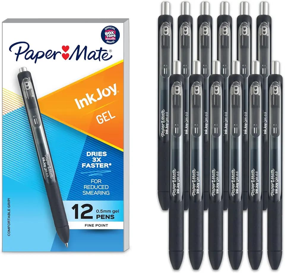 Paper Mate InkJoy Gel Pens, Retractable, Fine Point (0.5mm), Black Ink, 12 Count - Comfortable Grip, Writing, Teacher Supplies