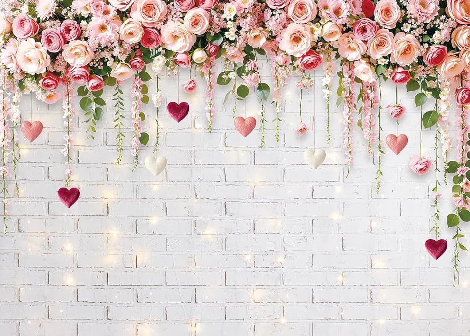 Pink Flower White Brick Wall Heart Photography Backdrop 10x8FT