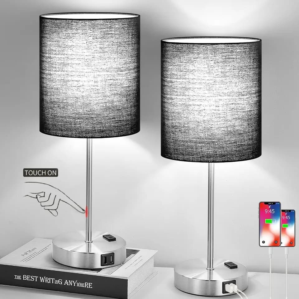 Lynnoland Set of 2 Touch Control Table Lamps with 2 USB & AC Outlet, 3-Way Dimmable Bedside Nightstand Lamps for Bedroom Living Room Nursery, 800 Lumens 5000K Daylight Bulbs Included