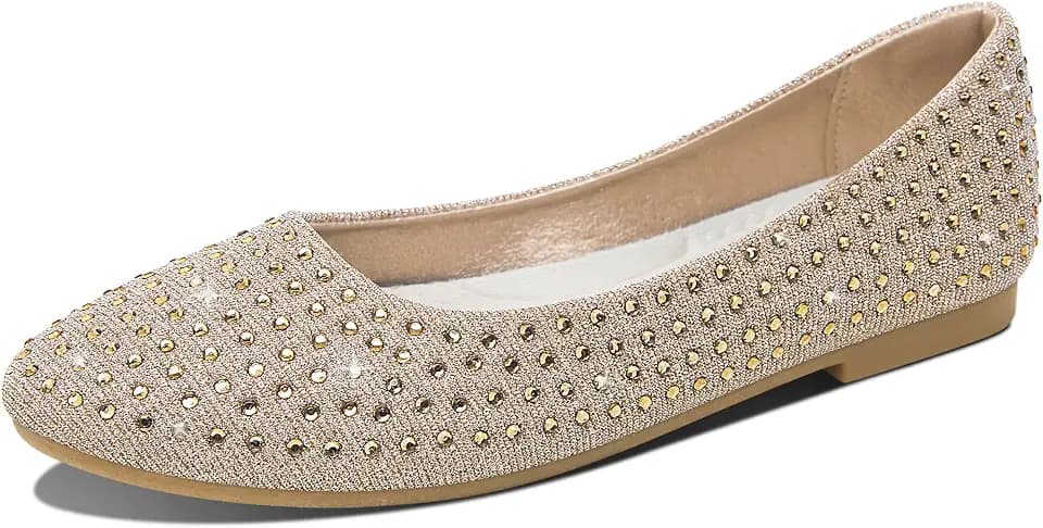 Jeekopeg Women Rhinestone Ballet Flats Sparkly Classic Round Toe Flats Comfortable Slip on Ballerina Flats Elegant Wedding Party Dress Shoes for Lady