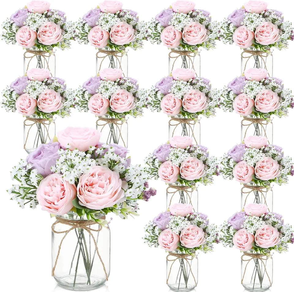 Zeyune 12 Sets Mason Jar Flowers Centerpiece Table Decorations,Purple,Pink
