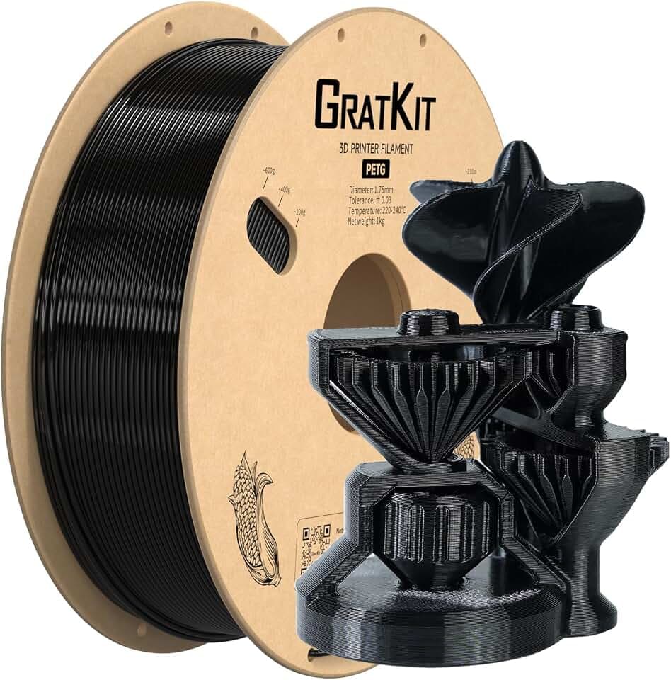 GratKit PETG Filament 1.75mm, PETG 3D Drucker Filament, Schwarz, 1kg