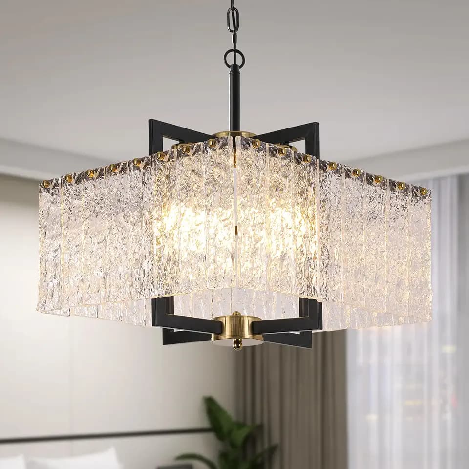 16" Black Crystal Ripple Glass Square Pendant Chandelier