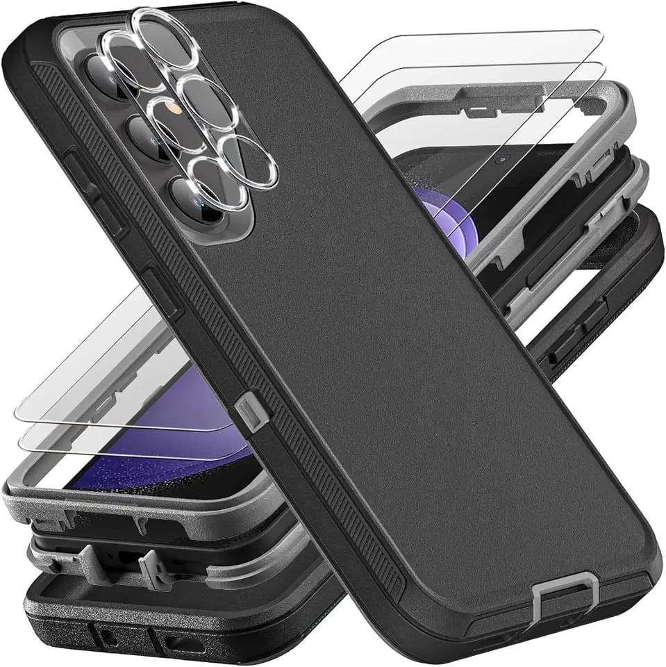 YKHJKLEC for Samsung Galaxy S23 FE Case, Military Grade 3 in 1 Heavy Duty Shockproof/Drop Proof/Dust Proof Case with 2Pcs Tempered Glass Screen Protector & Camera Lens Protector (Black/Grey)