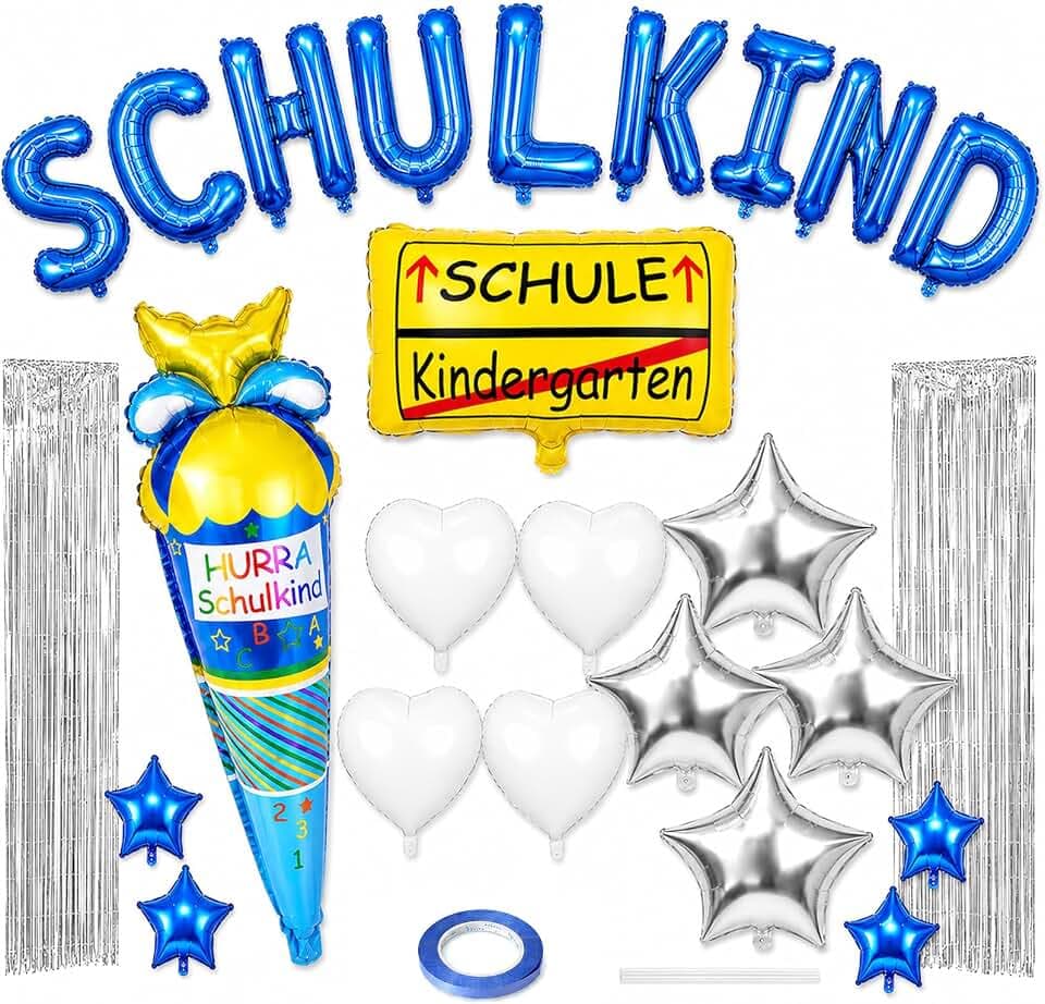Einschulung Deko Folienballon Set Blau 27tlg, Schulkind Ballons mit 2 Lametta Vorhängen, Hurra Schulkind Eiscreme Ballon & Stern Herz Folienballons, Fotohintergrund für den ersten Schultag