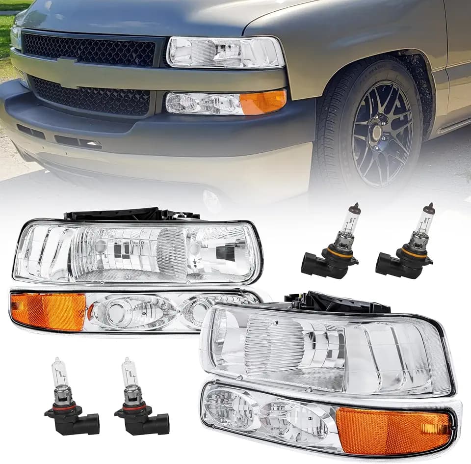 KUIPERAUTO Front Headlight Assembly for 1999 2000 2001 2002 Chevy Silverado 1500 2500 3500 2000-2006 Chevrolet Suburban 1500 2500 2001-2006 Tahoe Chrome Housing/Clear Lens/Amber Corner w/Bulb 1 Pair