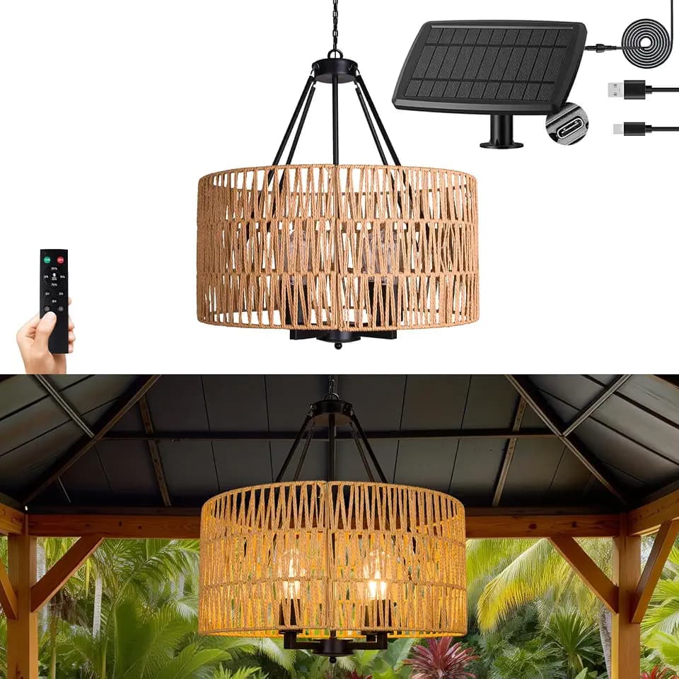 Solar Outdoor Chandelier, 4-Light 19" Rattan Outdoor Chandelier, Solar Hanging Pendant Waterproof Lights, for Gazebo, Pergola, Porch, Patio, Backyard