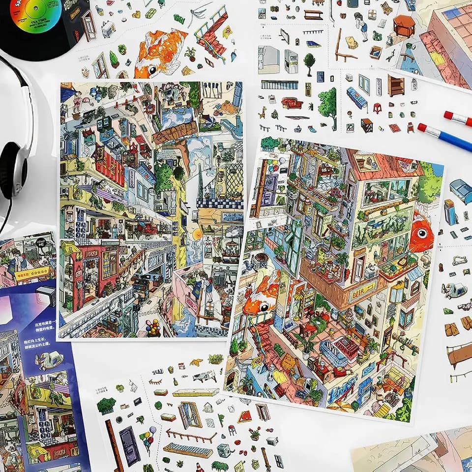 New 3D Stickers Scene, 2 Large Sets for Upside-Down Town Fishin Old Building, 3D Room House Sticker Scenes for Adults Relief Stress Sticker Therapy (G)