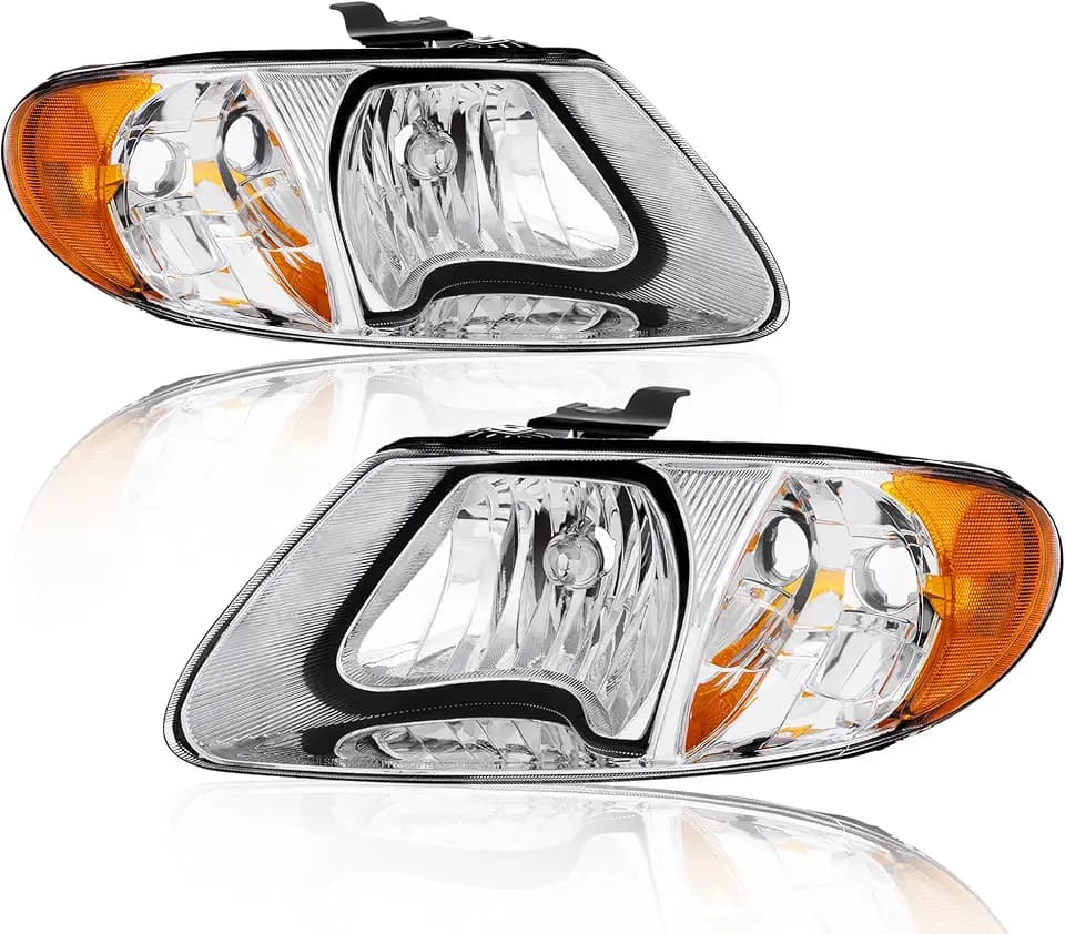 KUIPERAUTO Pair Headlights Assembly Compatible for 2001-2007 Dodge Grand Caravan/Compatible for 2001-2007 Chrysler Town and Country Clear Lens/Chrome Housing/Amber Reflector Left and Right Side