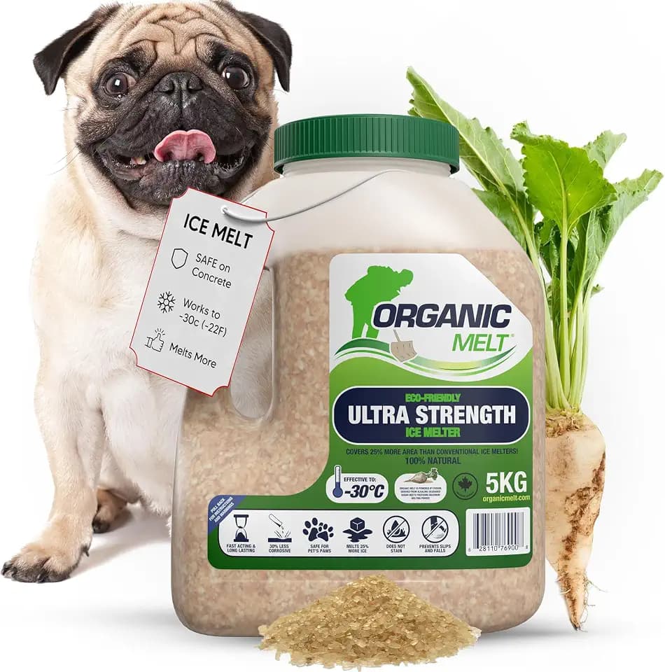 Organic Melt Premium Granular Ice Melt is a eco Friendly and Safe for Pets de-Icing Product. Its a Great ice melt Safe for Concrete, driveways and Sidewalks (1 Pack, 11 lbs)
