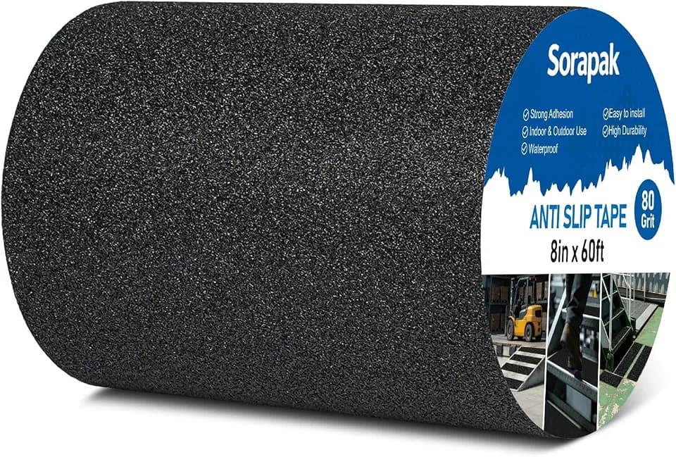 8" x 60 Ft Black Anti Slip Tape, 80 Grit Non Skid Grip for Stairs