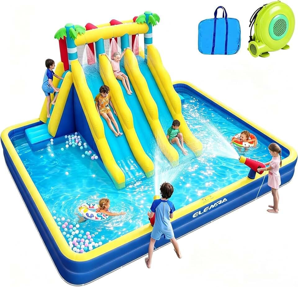 ELEMARA Inflatable Water Slide for Big Kids, 20.66x16.4FT w/Large Double-Layer Pool, Bounce House for Kids Backyard w/3 Extra-Long Slides, Climbing Wall, 2 Water Cannons,Water Spraying,750W Air Blower