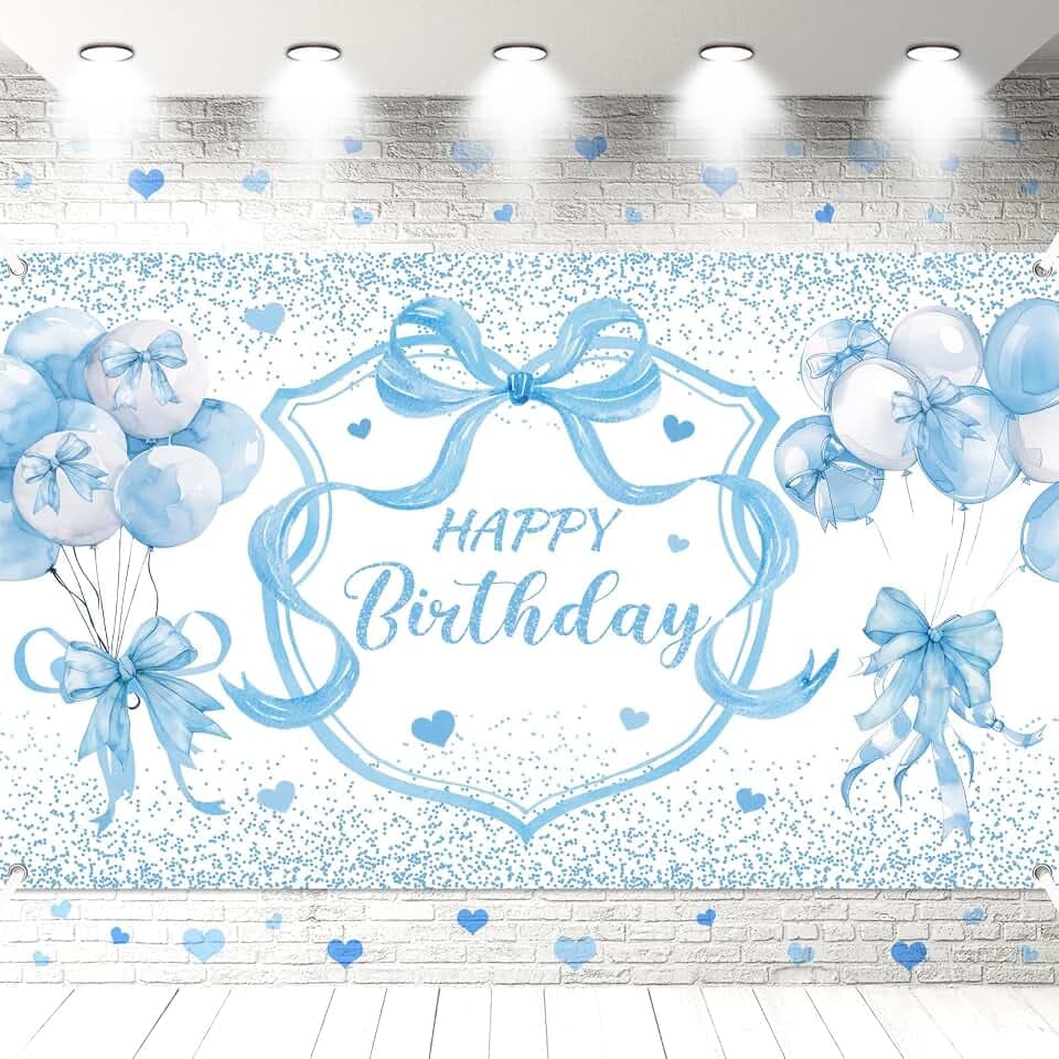 Tingjoo Blue Bow Birthday Backdrop 7 x 5 ft Party Banner for Girls Women