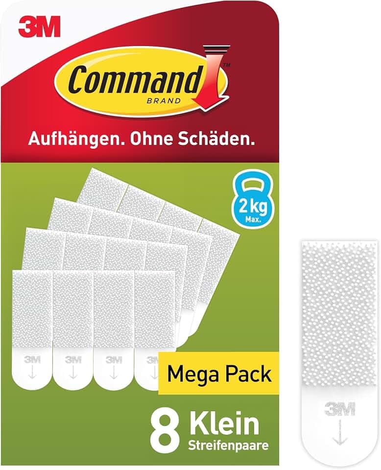 Command Klebestreifen, Packung 8x2 Klein (16 Strips), Weiß - Bilder Aufhängen ohne Bohren, Streifen halten bis zu 2 kg, Rückstandsfreies Ablösen
