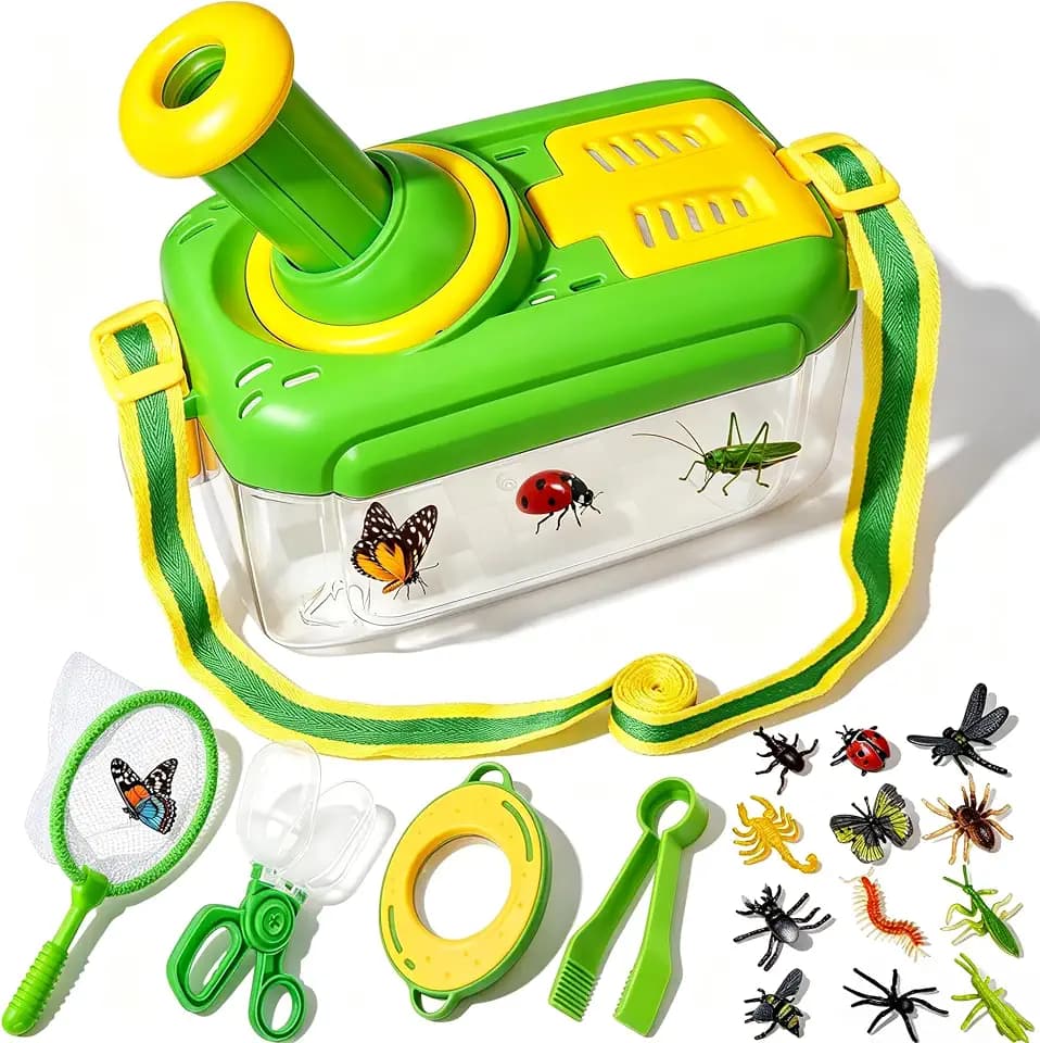 Entdecker Set für Kinder ab 4, 17 Stück Forscherset für Kinder, Insektenbox mit Drehbar Lupe, Kinderlupe, Insektenfänger, 12 Gefälschte Insekten, Geschenk Spielzeug Draußen ab 3 4 5 6 Jahre