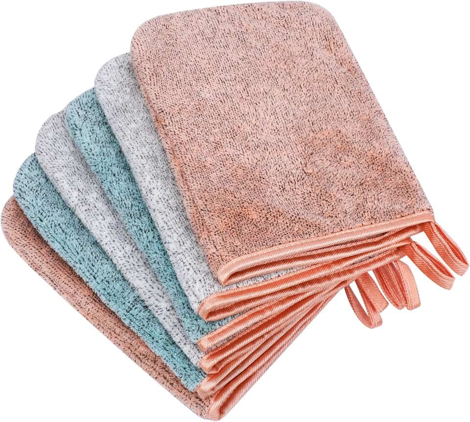 PHOGARY 6 Pack Microfiber Body Wash Mitts, 6×8 Inch Super Absorbent & Soft Face Mitten, Coral Fleece Bath Spa Cloth, Reusable Makeup Remover Mitt Gloves, 3 Colors