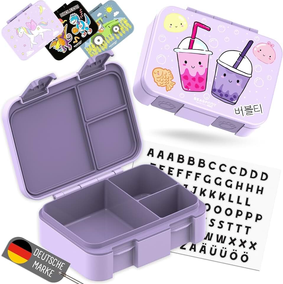 BEARFOOT Bento Box COMPACT Kinder Brotdose (BubbleTea-lila, 650 ml) | BPA-frei, auslaufsichere Lunchbox mit Fächern, für Schule & Kindergarten, für Mädchen & Jungen, leicht & kompakt
