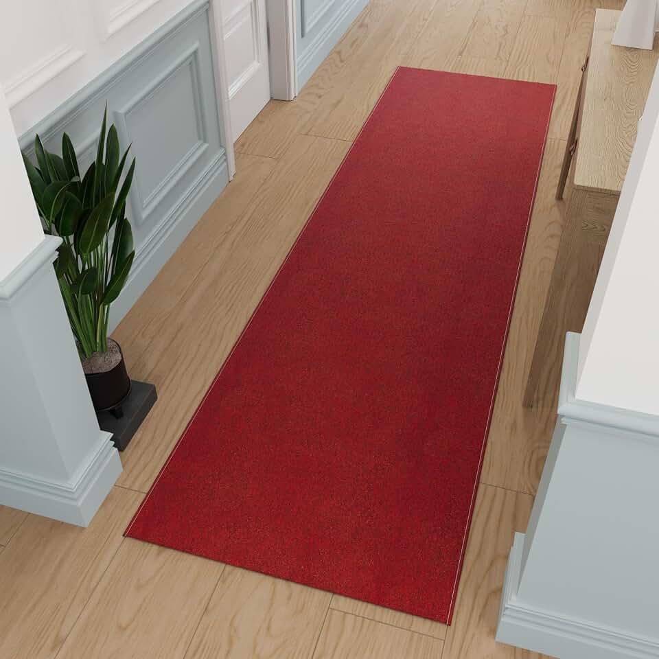 Ottomanson 1'10" x 14' Ultra-Thin Hallway Runner Rug - Durable Non-Slip Carpet for High-Traffic Areas - Fits Under Doors for Seamless Entry - Ideal for Kitchen, Entryway, Bedroom & Living Room, Red