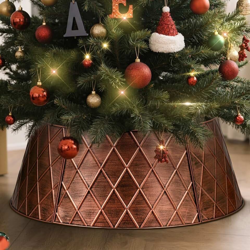 Lanpn Metall Weihnachtsbaum Kragen 120cm, Weihnachtsbaum Halsband Christmas Tree Collar Für Groß L Wetterfest Für Kunstbäume Innen Außen - Weihnachtsdekoration (Kupfer, Raute)