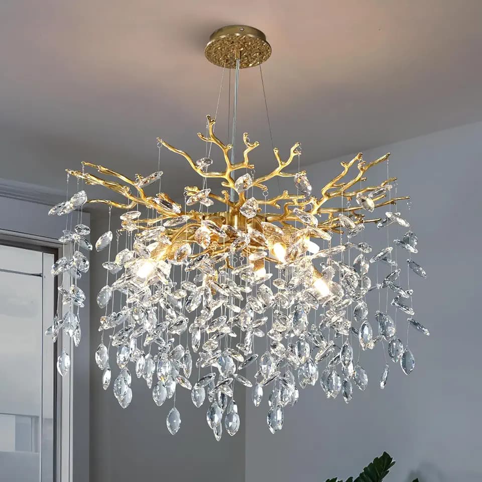 23.6" Modern Gold Tree Branch Chandelier, 8-Light Crystal Chandelier, Luxury Round K9 Crystal Raindrop Chandeliers Pendant Light Fixture for Dining Room Entryway Foyer Bedroom Kitchen Living Room