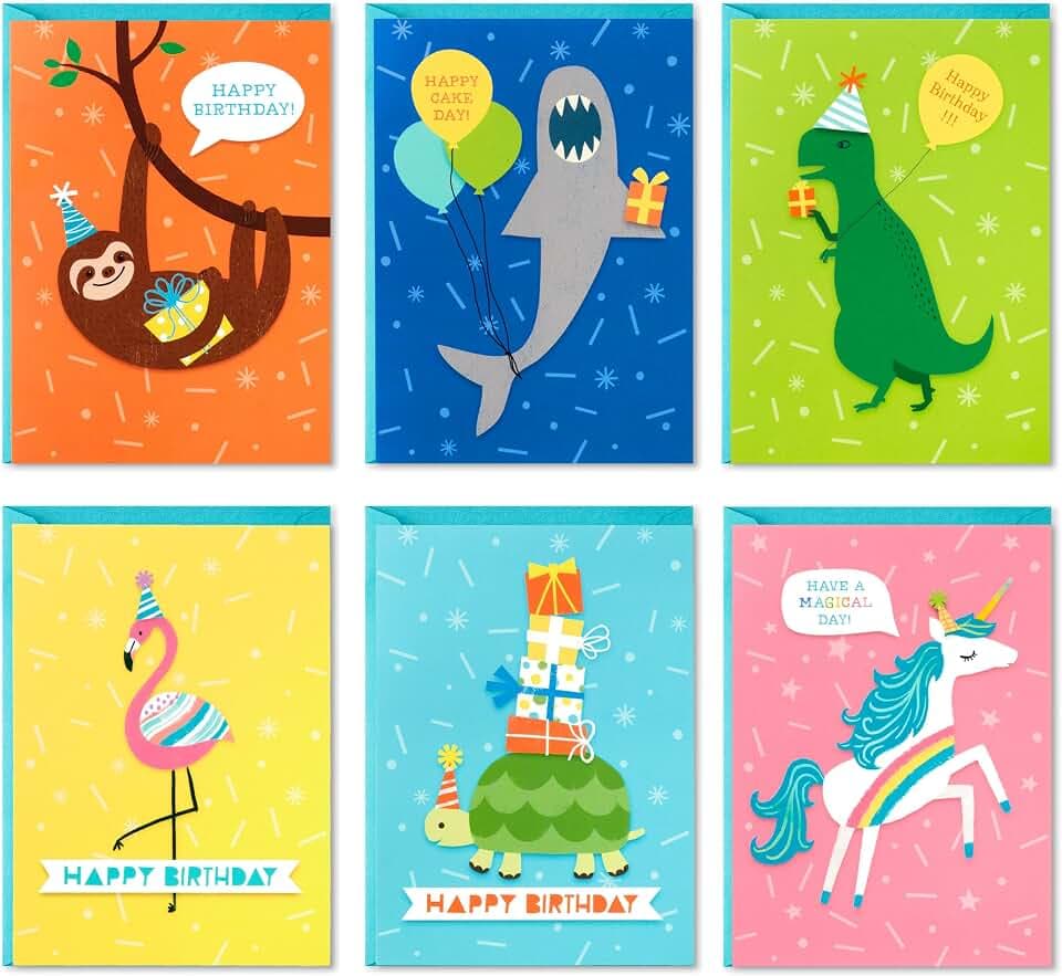 Hallmark Geburtstagskarten für Kinder Sortiment, 48 Karten mit Umschlägen (Dinosaurier, Faultiere, Einhörner, Flamingos, Schildkröten, Haie)