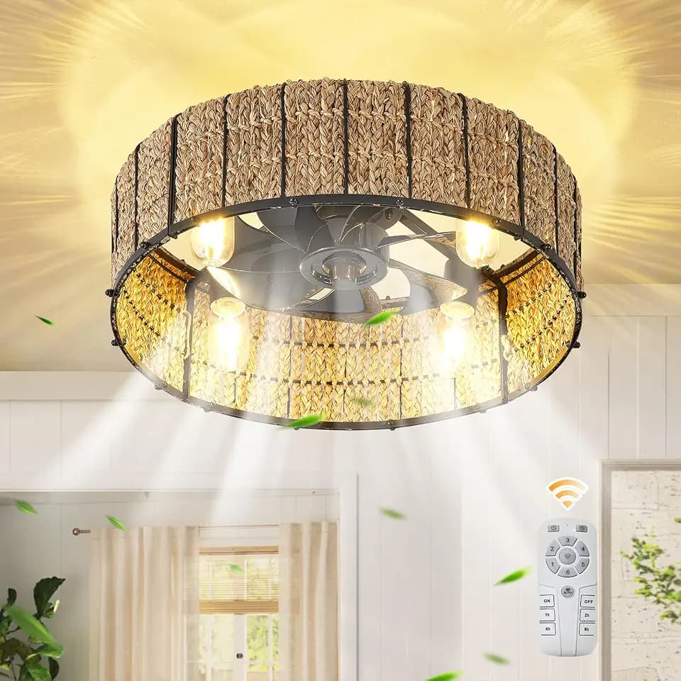 Ganeed 20in Boho Ceiling Fan with Lights and Remote, Rattan Caged Fandelier