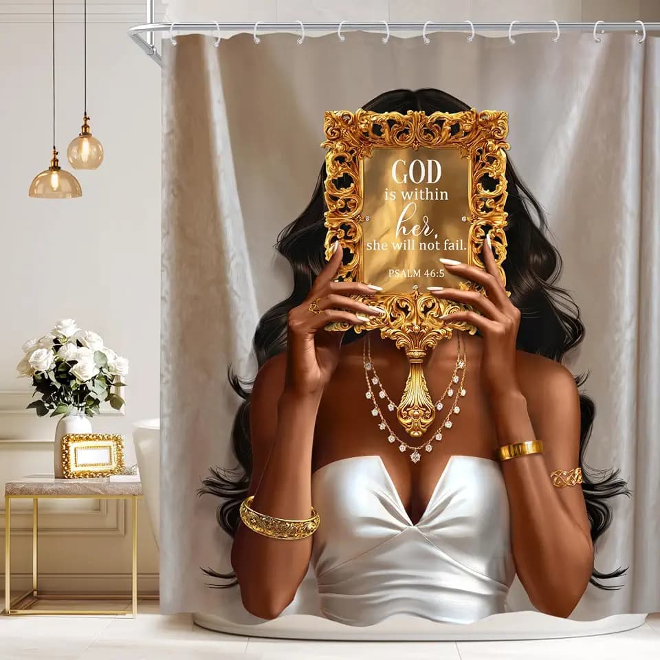 African American Black Girls Golden Mirrow Afro Bathroom Shower Curtain Set