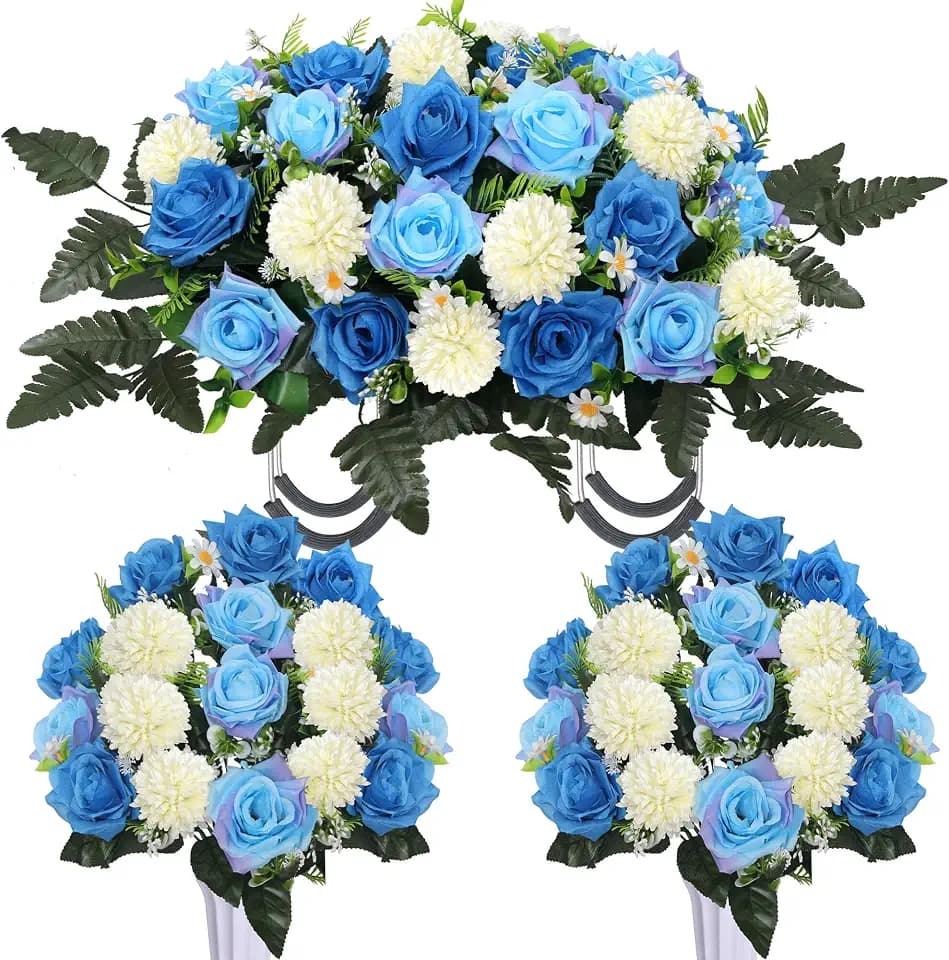 Lodou 3Pack Cemetery Decorations for Grave Large Headstone Flower Saddle Artificial Rose Bouquets with Vases for Outdoor Grave Headstone Decorations(Blue)