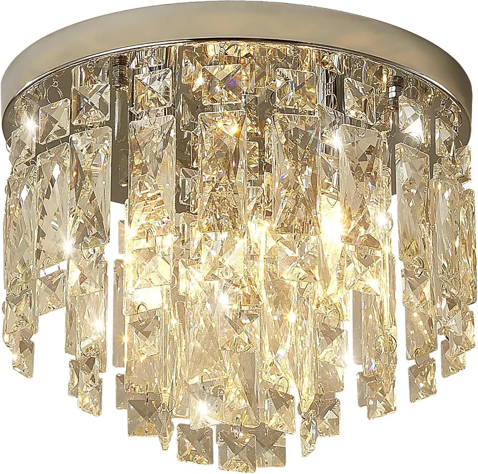 Modern Chrome Ceiling Crystal Chandeliers,3-Light 11.8" Semi Fulsh Mounted Chandelier Light Fixtures for Living Dining Room Bedroom Small Crystal Ceiling Fixture