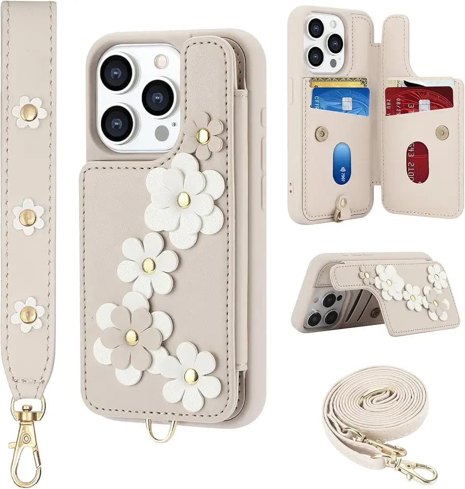 Designed for iPhone 15 Pro Wallet Case with Card Holder Beige