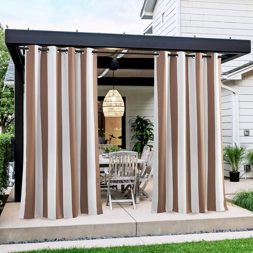 NICETOWN 2 Panels Outdoor Curtains for Patio Waterproof Extra Long 108" Length, Thermal Insulated Rustproof Grommet Blackout Drapes Tan & White Stripe Privacy for Porch, W52 x L108