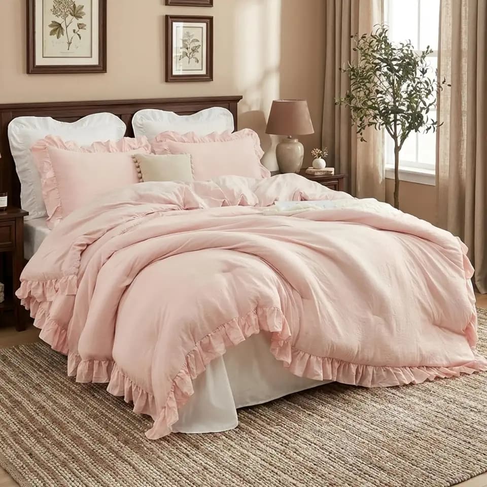 CAROMIO Pink Ruffled King Size Comforter Set, 3PCS Soft Washed Microfiber Lightweight & Fluffy All-Season Bedding Comforter with Vintage French Country Style, Pink, 104x90 in