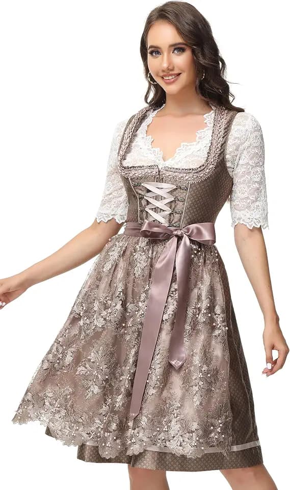 ELFIN Damen Midi Dirndl Elegante Trachtenkleid für Oktoberfest inkl. Spitzen Dirndlschürze Gr. 34-44