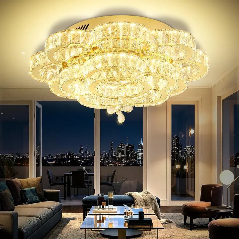 Flashing God W24'' Gold Crystal Chandeliers Crystal Ceiling Light Fixtures LED Flush Mount Light for Living Room Bedrooms Dining Room Dimmable 2700k 4500k 6000k