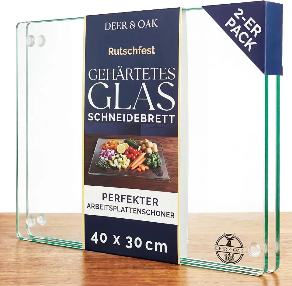 Deer & Oak Glas-Schneidebrett 2er-Pack 40x30 cm, 6 mm gehärtetes Glas