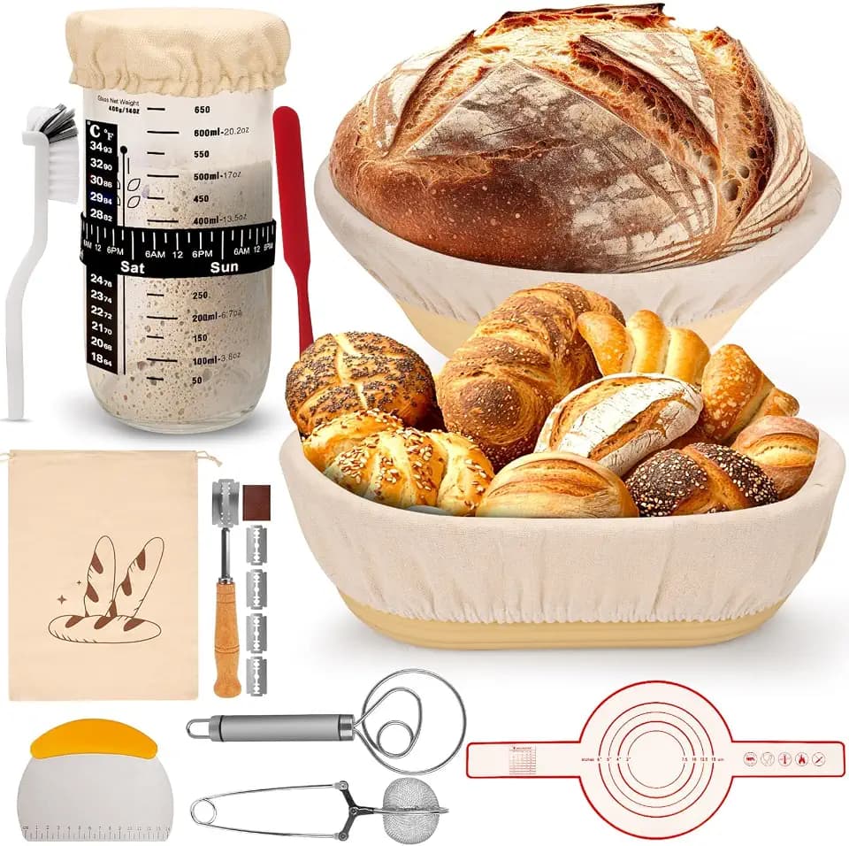 16-Teiliges Sauerteig Starter Set,Klappbare Silikongärkörbe rund und oval，Gärkörbchen Set mit Sauerteig Glas - ideal für Professionelle und Häusliche Bäcker Brotbacken