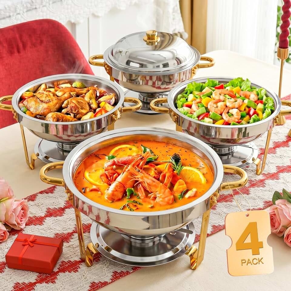 6QT Stainless Steel Chafing Dishes for Buffet, Round Chafing Dish Buffet Set 4 Pack with Smooth Edge Lid, Food Warmers for Parties Buffet Golden & Silver