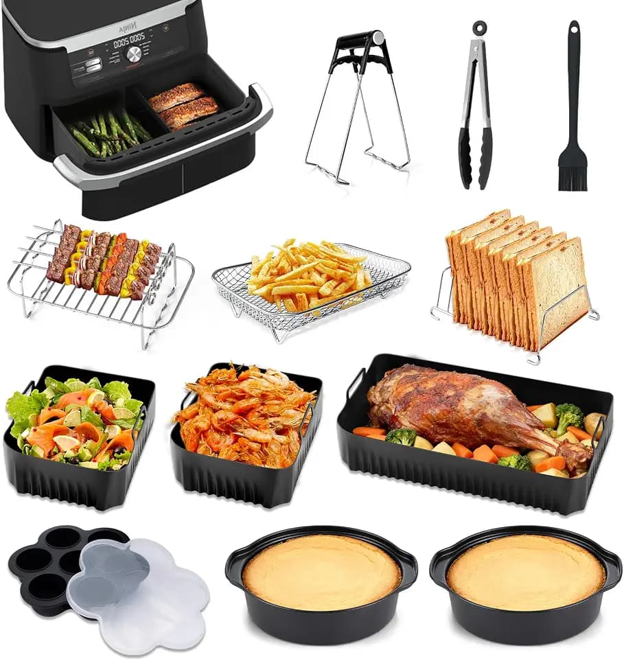 Hunnycook 17P Airfryer Zubehör für Ninja AF500EU Heißluftfritteuse, inklusive 1×10,4L+2×5,2L Airfryer Silikonform, Kuchenform, Frittierkorb, Zange & mehr, wiederverwendbares Set für Ninja Flex Drawer