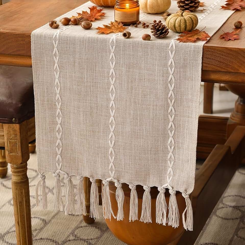 Wracra Rustic Linen Table Runner, Light Coffee Table Runners 90 inches Long