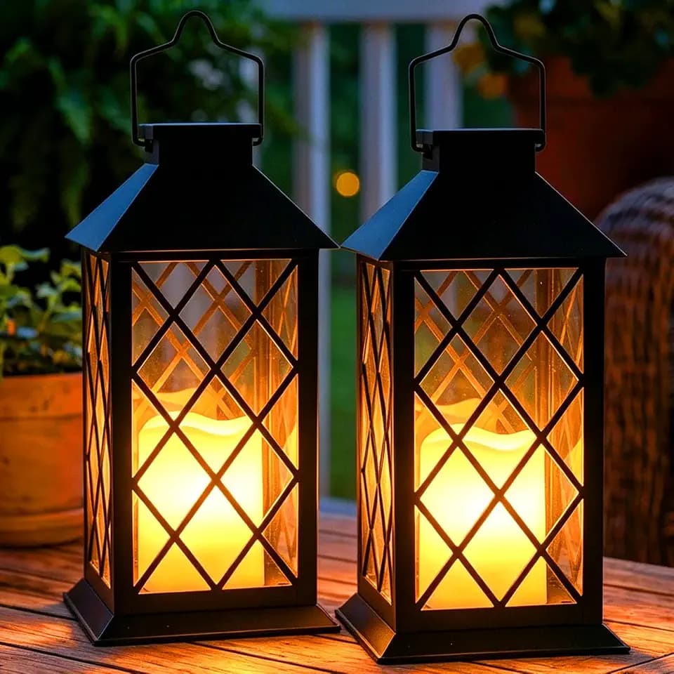 35cm Solarlaterne für Außen, 2 Stück, Schwarz | Mit Flammeneffekt, Hängend & Stehend Nutzbar, IP65 Wasserdicht mit Sicherheitsglas für Garten, Balkon, Terrasse, Draußen Deko