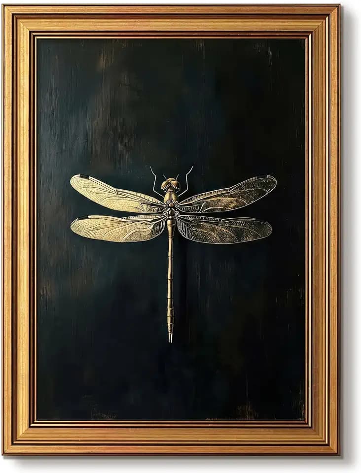 Vintage Dark Moody Wall Art Gold Framed Dragonfly Wall Decor 16x24 Inch
