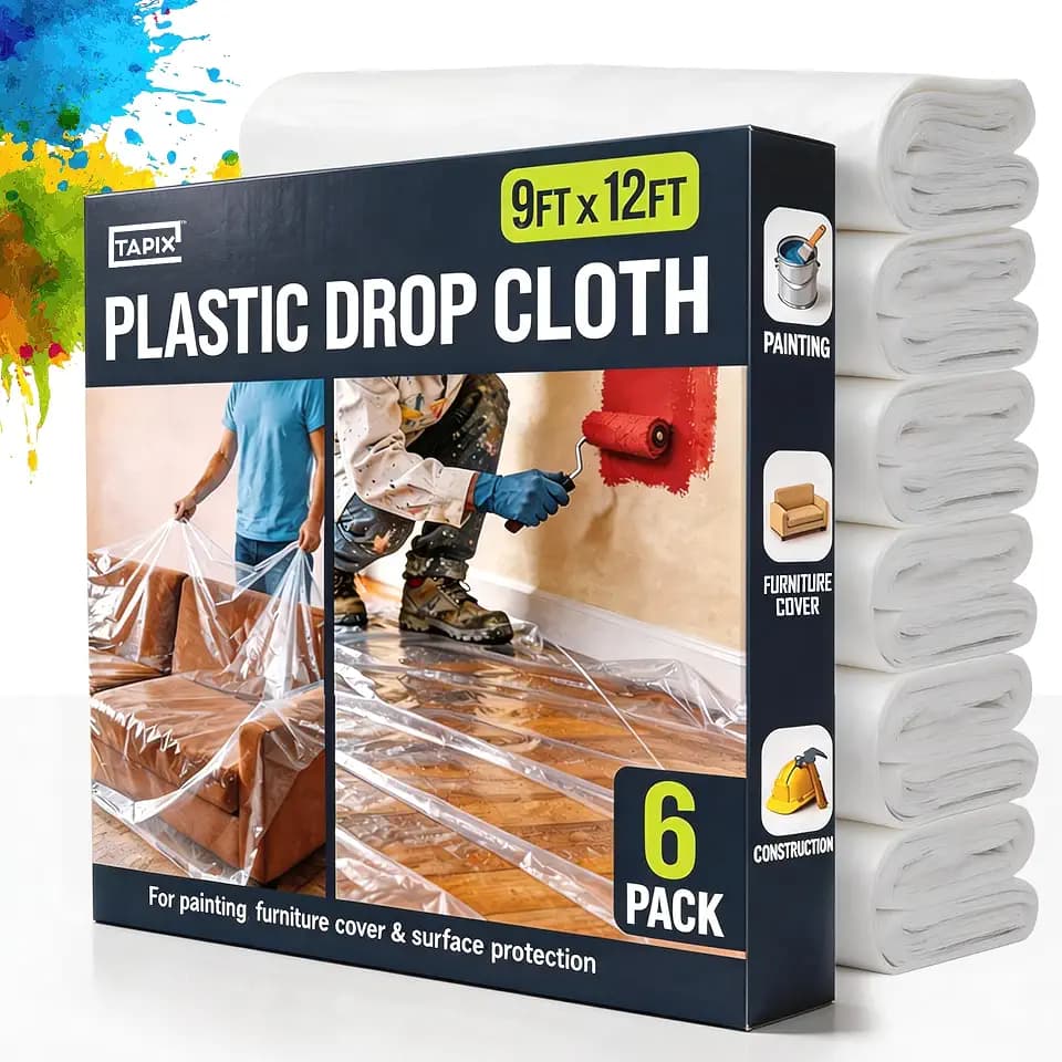 Plastic Drop Cloths 12' x 9', 6 Pack Waterproof Painter's Plastic Tarps