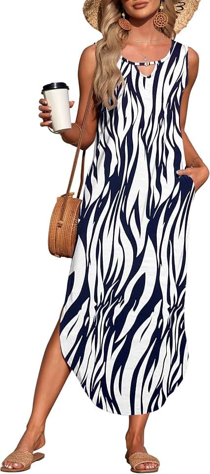 AUSELILY Damen ärmelloses Sommer Maxikleid mit Seitenschlitz und Tasche