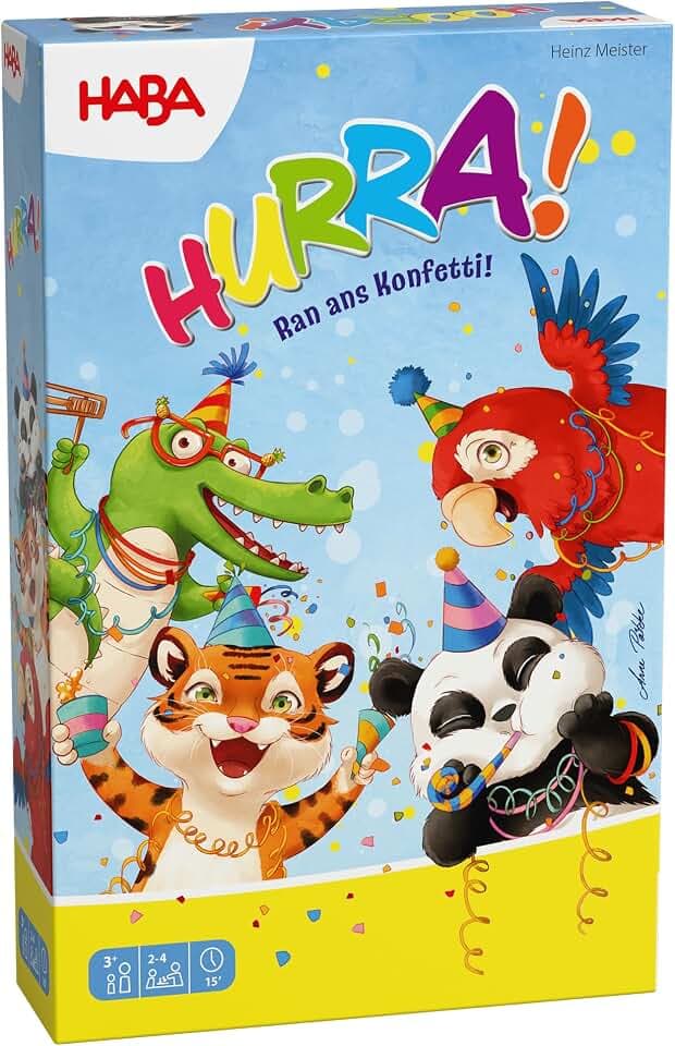 HABA Hurra Konfetti-Party – Spiel ab 3 Jahren mit Würfeln & Buntem Konfetti – Farben und Formen erkennen für 2–4 Spieler – 2012214001